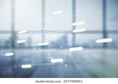 Double exposure of abstract creative programming illustration on empty room interior background, big data and blockchain concept