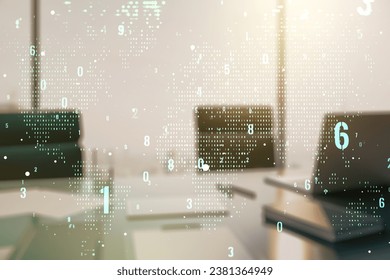 Double exposure of abstract creative programming illustration with world map and modern desk with computer on background, big data and blockchain concept