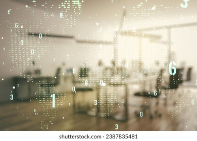 Double exposure of abstract creative programming illustration and world map on a modern furnished office interior background, big data and blockchain concept