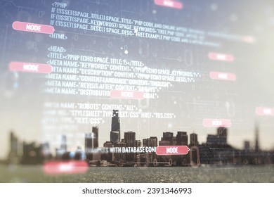 Double exposure of abstract creative programming illustration on San Francisco office buildings background, big data and blockchain concept