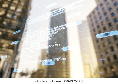 Double exposure of abstract creative programming illustration on blurry cityscape background, big data and blockchain concept