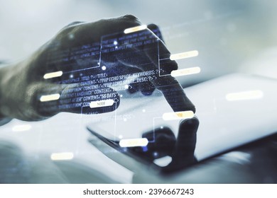 Double exposure of abstract creative programming illustration and finger clicks on a digital tablet on background, big data and blockchain concept
