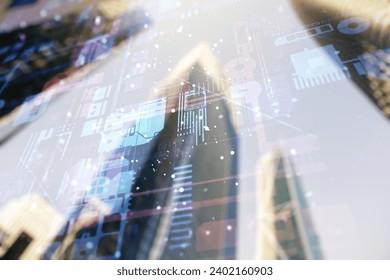 Double exposure of abstract creative programming illustration on blurry cityscape background, big data and blockchain concept