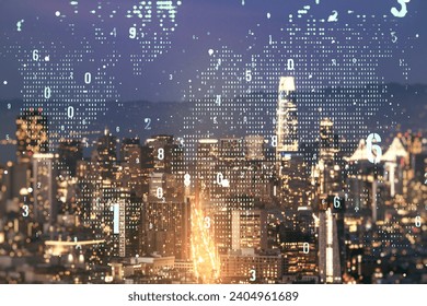 Double exposure of abstract creative programming illustration and world map on San Francisco office buildings background, big data and blockchain concept