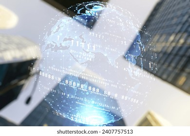Double exposure of abstract creative programming illustration and world map on blurry cityscape background, big data and blockchain concept