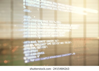 Double exposure of abstract creative programming illustration on empty room interior background, big data and blockchain concept