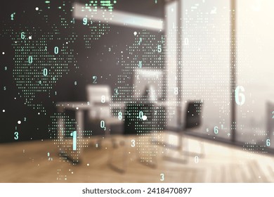 Double exposure of abstract creative programming illustration with world map and modern desk with computer on background, big data and blockchain concept
