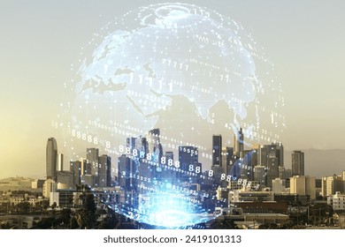 Double exposure of abstract creative programming illustration and world map on Los Angeles office buildings background, big data and blockchain concept