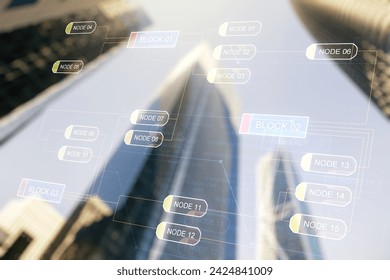 Double exposure of abstract creative programming illustration on blurry cityscape background, big data and blockchain concept