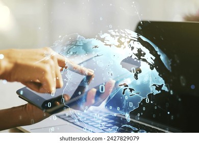 Double exposure of abstract creative programming illustration with world map and finger clicks on a digital tablet on background, big data and blockchain concept
