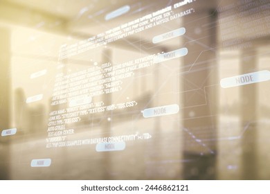 Double exposure of abstract creative programming illustration on empty room interior background, big data and blockchain concept