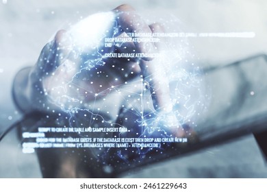 Double exposure of abstract creative programming illustration with world map and finger clicks on a digital tablet on background, big data and blockchain concept - Powered by Shutterstock - Get 15% off with code: PIKWIZARD15