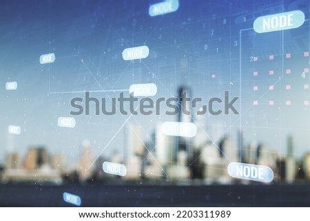 Double exposure of abstract creative programming illustration on blurry office buildings background, big data and blockchain concept