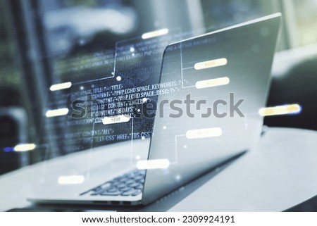Double exposure of abstract creative programming illustration on computer background, big data and blockchain concept