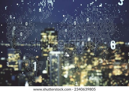 Double exposure of abstract creative programming illustration and world map on blurry office buildings background, big data and blockchain concept