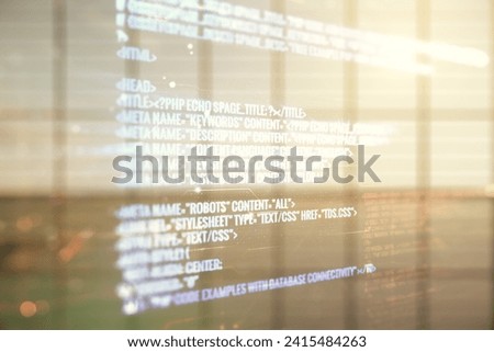 Double exposure of abstract creative programming illustration on empty room interior background, big data and blockchain concept