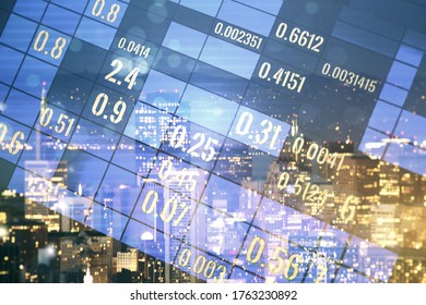 Double exposure of abstract creative statistics data hologram on San Francisco office buildings background, analytics and forecasting concept