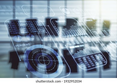 Double exposure of abstract creative statistics data hologram on a modern boardroom background, analytics and forecasting concept