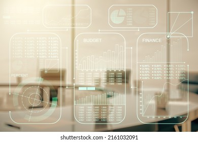 Double Exposure Of Abstract Creative Statistics Data Hologram On A Modern Boardroom Background, Analytics And Forecasting Concept