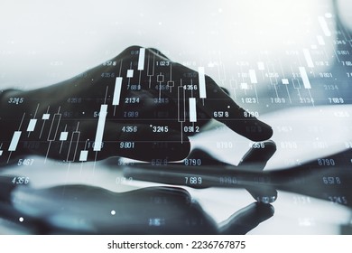 Double exposure of abstract creative statistics data hologram with finger clicks on a digital tablet on background, statistics and analytics concept