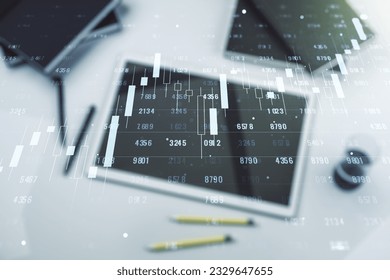 Double exposure of abstract creative statistics data hologram and digital tablet on background, top view, statistics and analytics concept