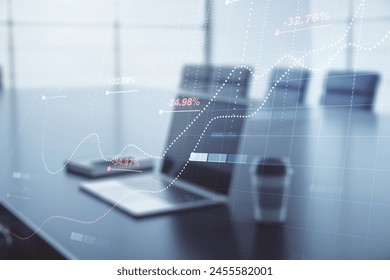 Double exposure of abstract creative statistics data hologram on laptop background, statistics and analytics concept
