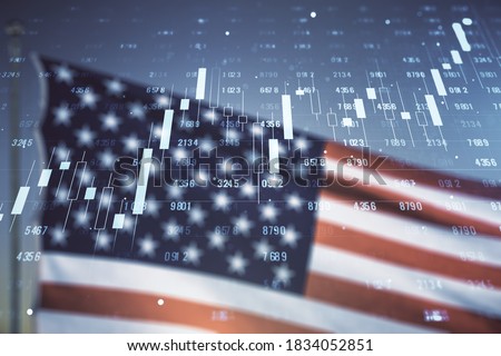 Double exposure of abstract creative statistics data hologram on US flag and blue sky background, analytics and forecasting concept