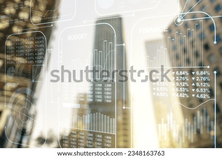 Double exposure of abstract creative statistics data hologram on blurry cityscape background, analytics and forecasting concept