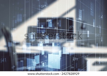 Double exposure of abstract creative statistics data hologram and modern desk with computer on background, analytics and forecasting concept