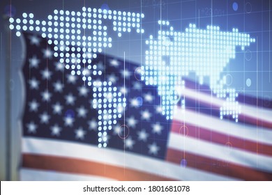 Double Exposure Of Abstract Digital World Map Hologram On US Flag And Blue Sky Background, Big Data And Blockchain Concept