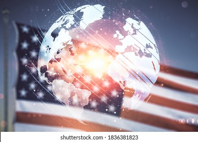 Double Exposure Of Abstract Digital World Map Hologram On US Flag And Blue Sky Background, Big Data And Blockchain Concept