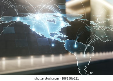 Double Exposure Of Abstract Digital World Map Hologram With Connections On Contemporary Business Center Exterior Background, Big Data And Blockchain Concept