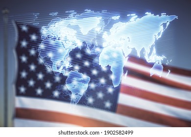 Double Exposure Of Abstract Digital World Map Hologram On US Flag And Blue Sky Background, Big Data And Blockchain Concept