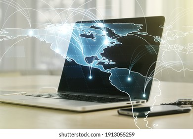 Double exposure of abstract digital world map with connections on computer background, big data and blockchain concept - Shutterstock ID 1913055259