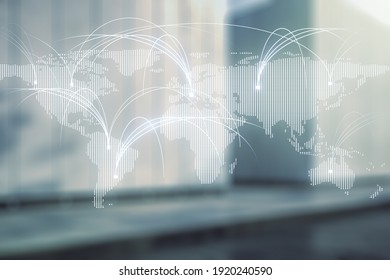 Double exposure of abstract digital world map hologram with connections on modern business center exterior background, research and strategy concept