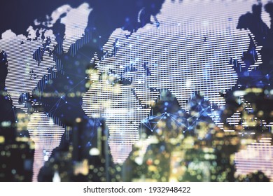 Double exposure of abstract digital world map hologram on blurry office buildings background, big data and blockchain concept