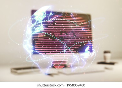 Double exposure of abstract digital world map with connections on computer background, big data and blockchain concept