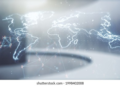 Double exposure of abstract digital world map on empty modern office background, research and strategy concept