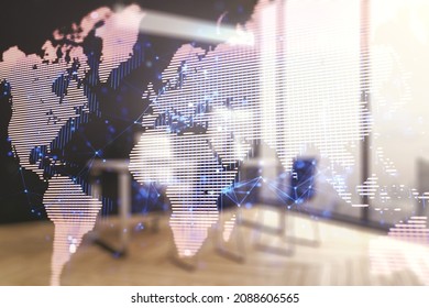 Double exposure of abstract digital world map and modern desk with computer on background, big data and blockchain concept