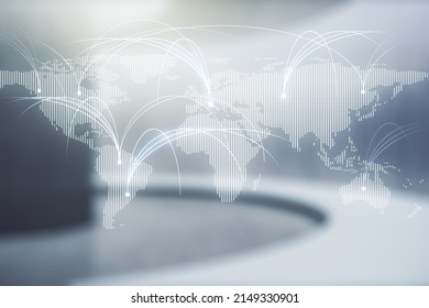 Double exposure of abstract digital world map hologram with connections on empty modern office background, research and strategy concept