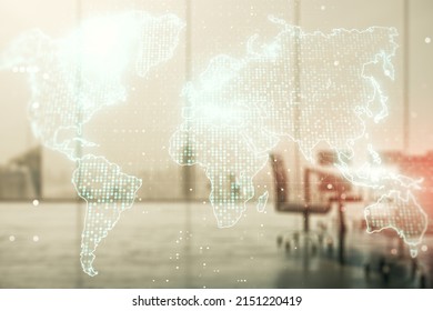 Double Exposure Of Abstract Digital World Map Hologram On A Modern Boardroom Background, Big Data And Blockchain Concept