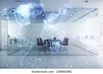 Double exposure of abstract digital world map hologram on a modern furnished office interior background, big data and blockchain concept - Shutterstock ID 2180463981