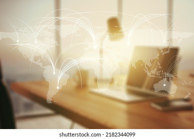 Double exposure of abstract digital world map with connections on laptop background, research and strategy concept - Powered by Shutterstock - Get 15% off with code: PIKWIZARD15