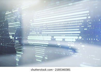 Double exposure of abstract digital world map on empty modern office background, research and strategy concept - Shutterstock ID 2185340381