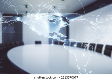 Double Exposure Of Abstract Digital World Map Hologram With Connections On A Modern Boardroom Background, Big Data And Blockchain Concept