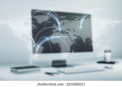 Double exposure of abstract digital world map with connections on laptop background, research and strategy concept