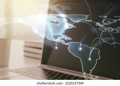 Double exposure of abstract digital world map with connections on computer background, big data and blockchain concept