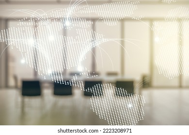 Double exposure of abstract digital world map hologram with connections on a modern meeting room background, research and strategy concept