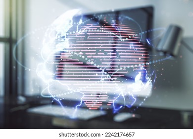 Double exposure of abstract digital world map with connections on computer background, big data and blockchain concept