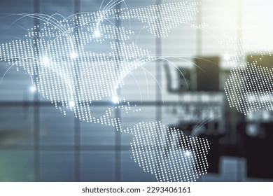 Double exposure of abstract digital world map hologram with connections on a modern meeting room background, research and strategy concept